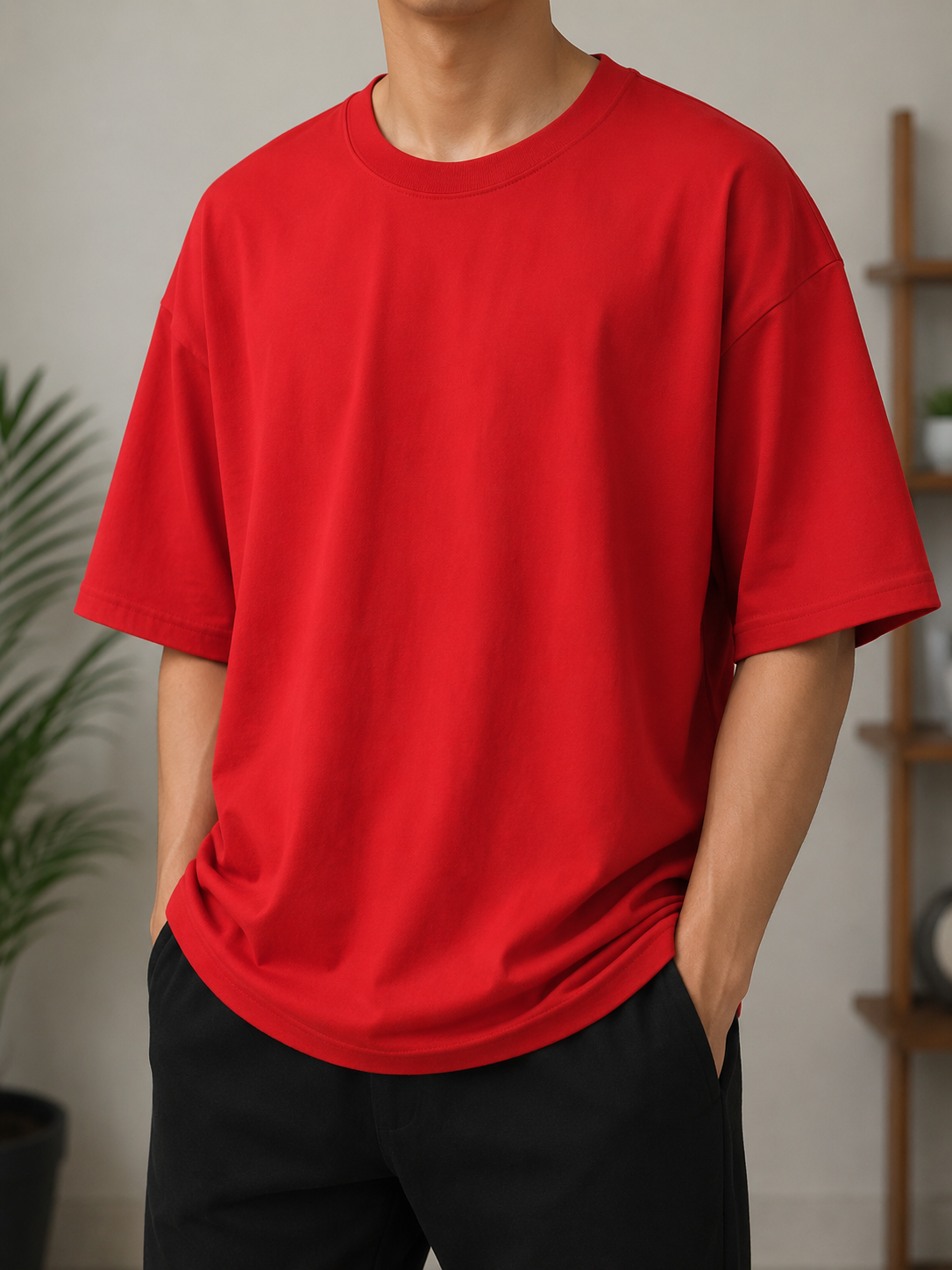 Mens Premium Red Color Drop Shoulder T-Shirt